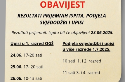 Rezultati prijemnih ispita, podjela svjedodžbi i upisi