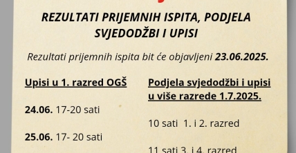 Rezultati prijemnih ispita, podjela svjedodžbi i upisi